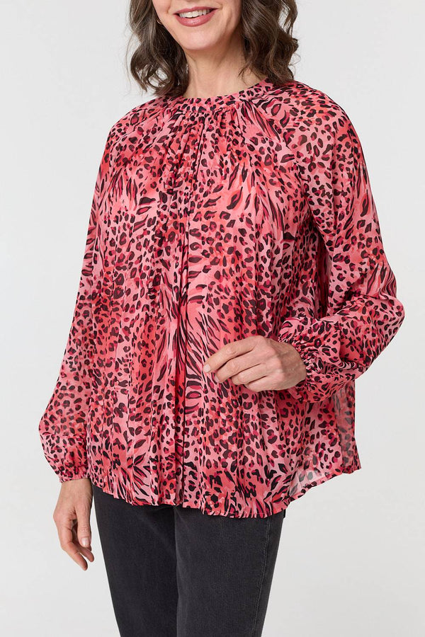 Pink | Animal Print Long Sleeve Tunic Blouse