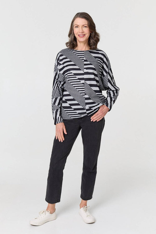 Grey | Geo Print Long Batwing Sleeve Top