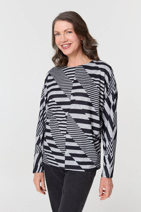 Grey | Geo Print Long Batwing Sleeve Top