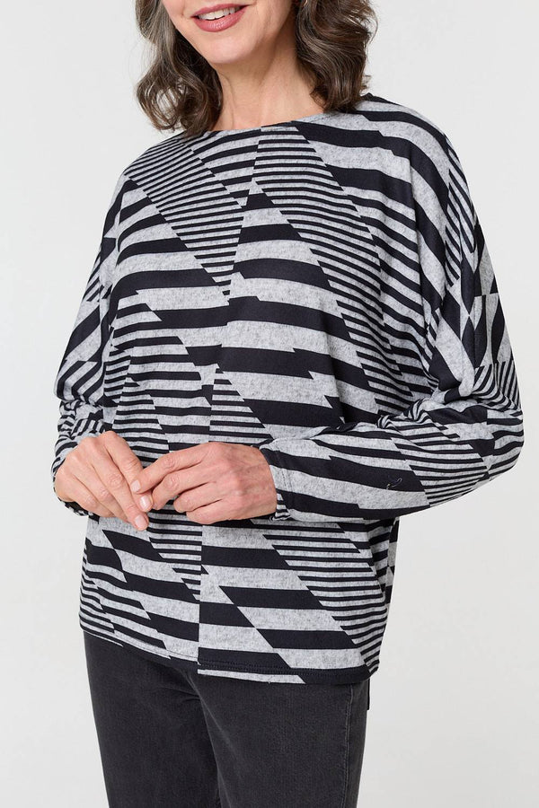 Grey | Geo Print Long Batwing Sleeve Top