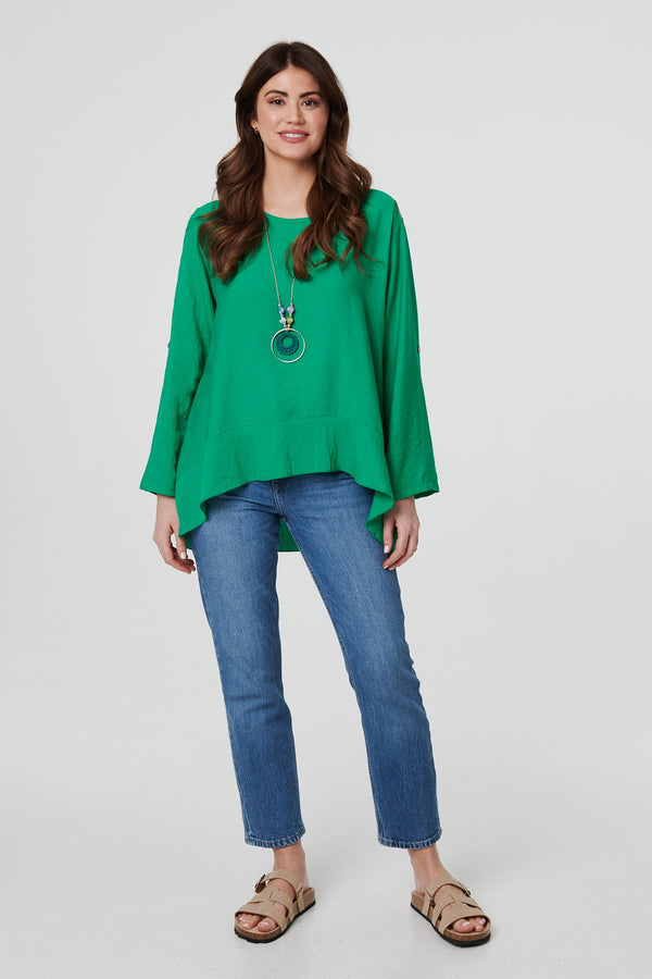 Green | Ruffle Curved Hem Long Sleeve Blouse
