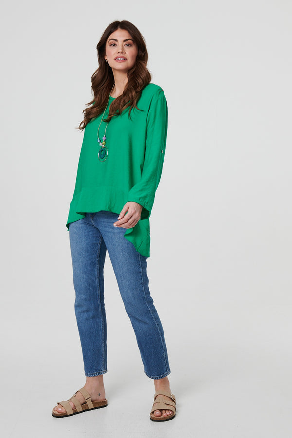 Green | Ruffle Curved Hem Long Sleeve Blouse