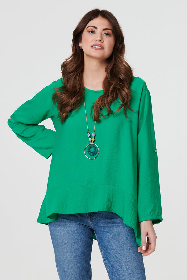 Green | Ruffle Curved Hem Long Sleeve Blouse