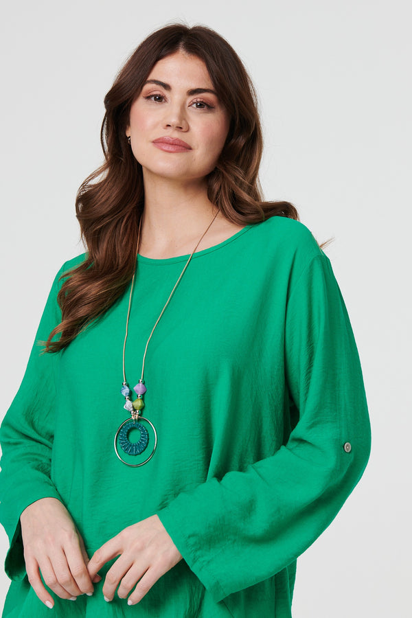 Green | Ruffle Curved Hem Long Sleeve Blouse