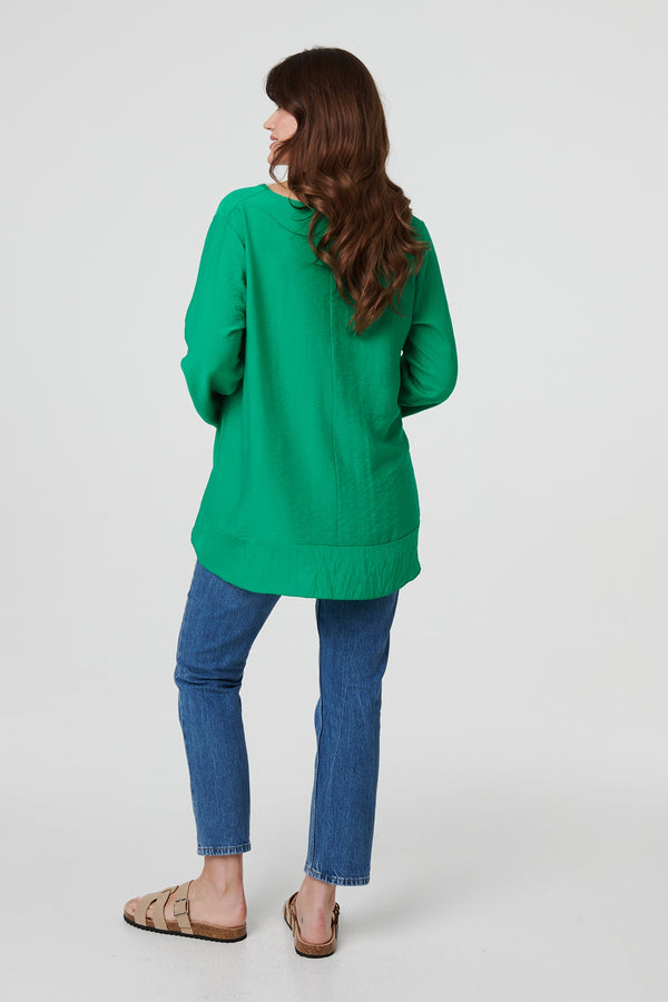 Green | Ruffle Curved Hem Long Sleeve Blouse