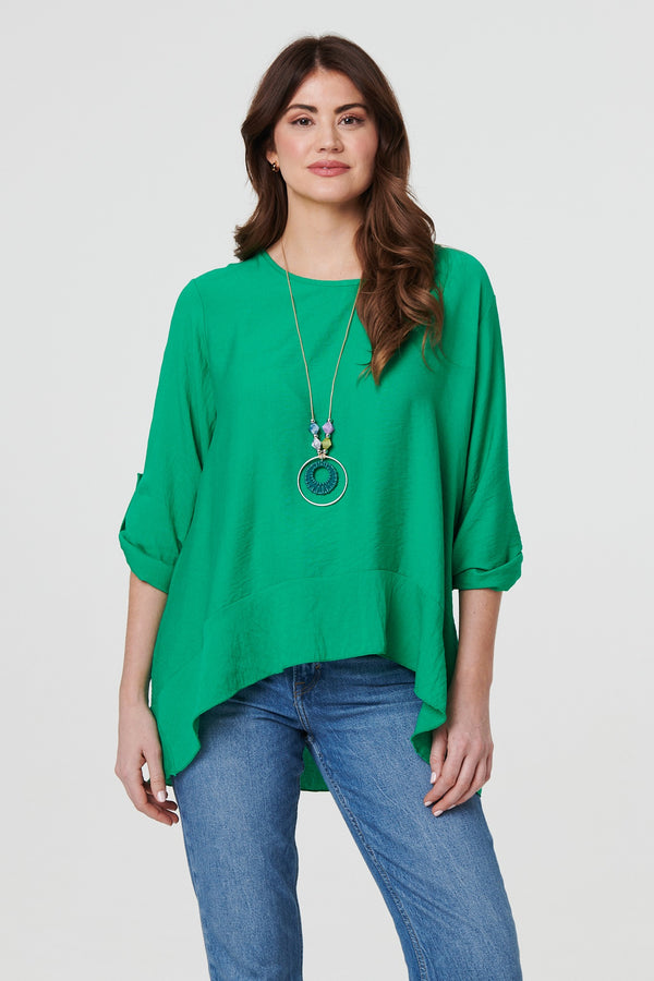 Green | Ruffle Curved Hem Long Sleeve Blouse