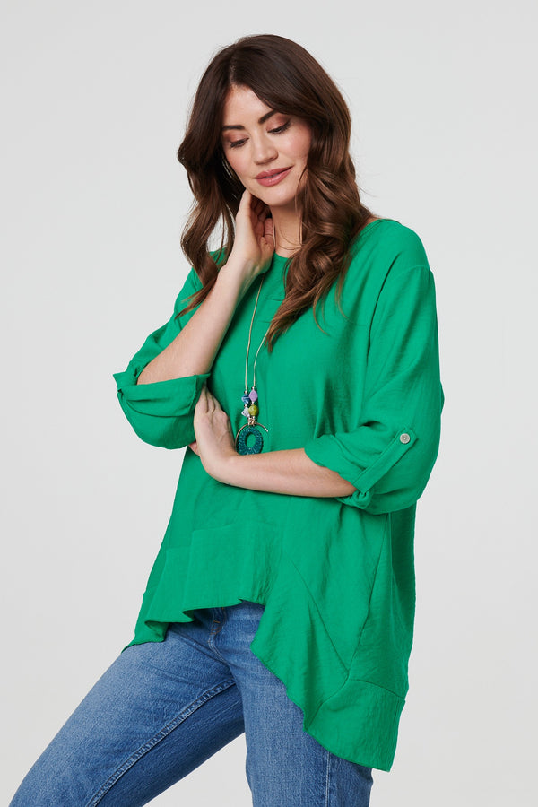 Green | Ruffle Curved Hem Long Sleeve Blouse