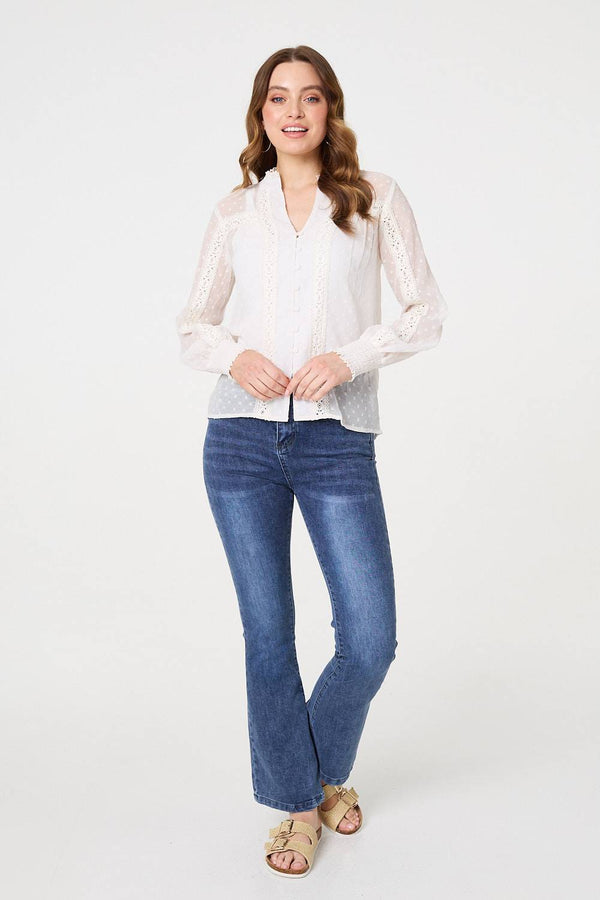 Ivory | Lace Trim High Neck Long Sleeve Blouse