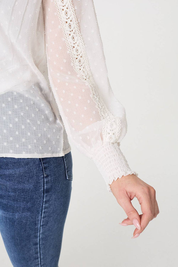 Ivory | Lace Trim High Neck Long Sleeve Blouse