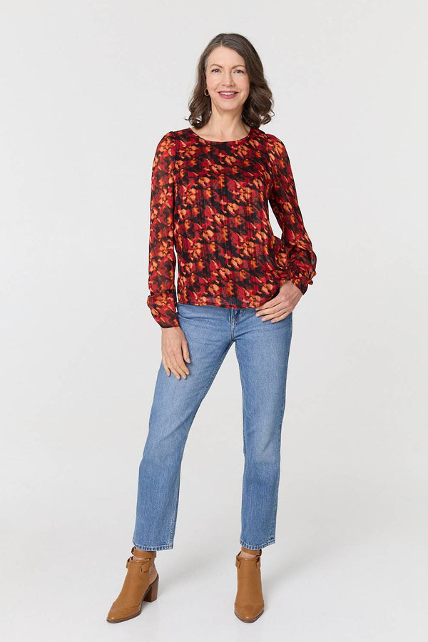 Orange | Printed Semi Sheer Long Sleeve Blouse