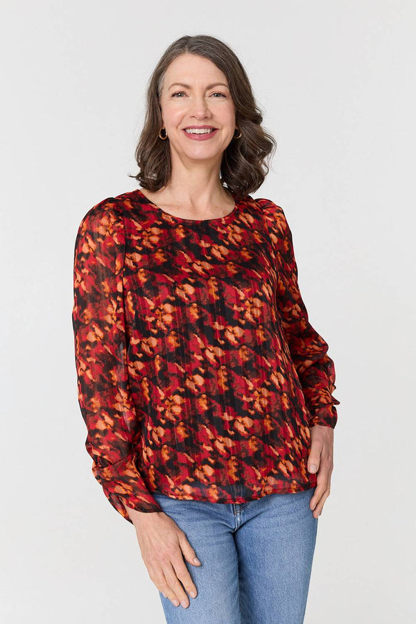 Orange | Printed Semi Sheer Long Sleeve Blouse : Model is 5'8"/172 cm and wears UK10/EU38/US6/AUS10