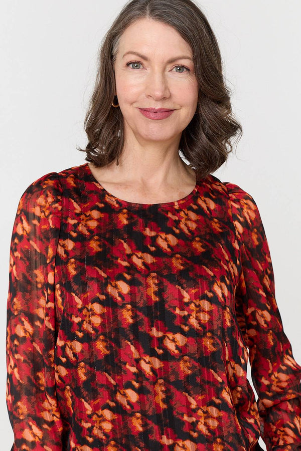 Orange | Printed Semi Sheer Long Sleeve Blouse