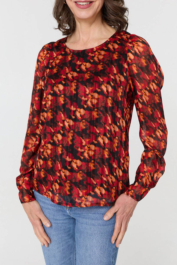 Orange | Printed Semi Sheer Long Sleeve Blouse