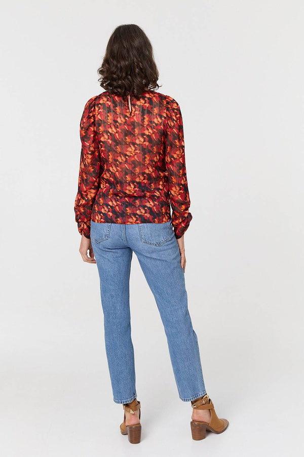 Orange | Printed Semi Sheer Long Sleeve Blouse