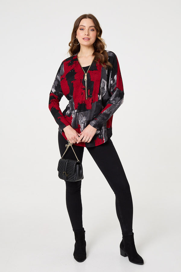 Red | Abstract Zip Front Long Sleeve Top