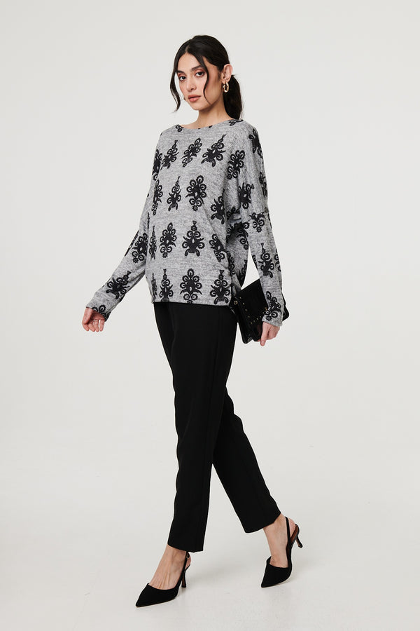 Grey | Printed Long Batwing Sleeve Relaxed Top