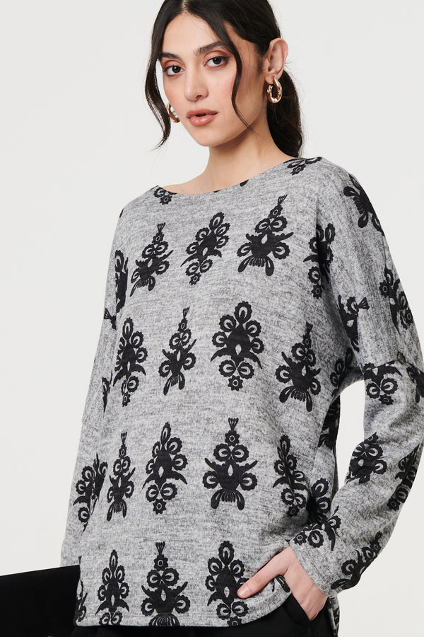 Grey | Printed Long Batwing Sleeve Relaxed Top