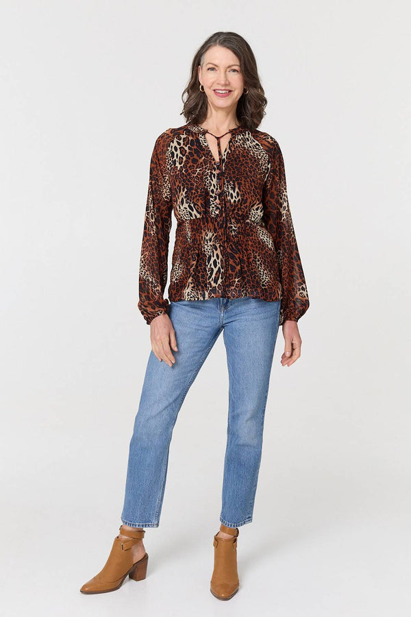Brown | Animal Print Long Sleeve Tie Neck Blouse