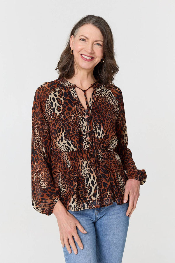 Brown | Animal Print Long Sleeve Tie Neck Blouse : Model is 5'8"/172 cm and wears UK10/EU38/US6/AUS10