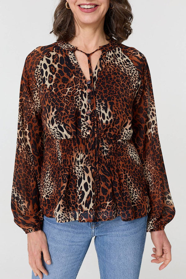 Brown | Animal Print Long Sleeve Tie Neck Blouse