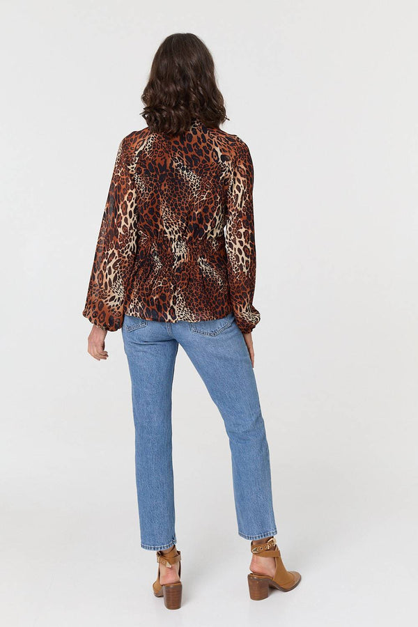 Brown | Animal Print Long Sleeve Tie Neck Blouse