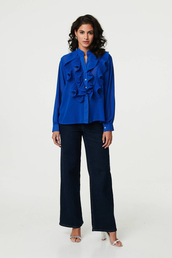 Blue | Ruffled Long Sleeve Semi Sheer Blouse