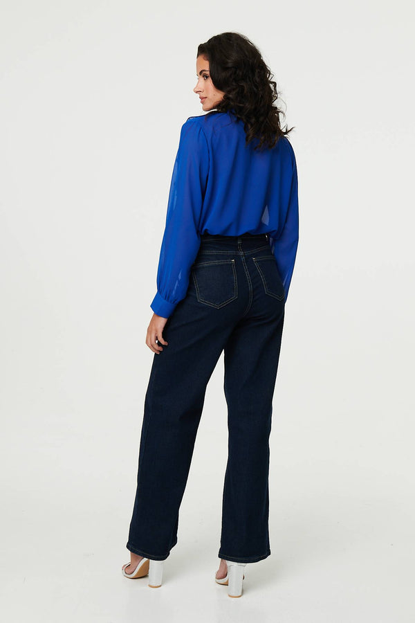 Blue | Ruffled Long Sleeve Semi Sheer Blouse