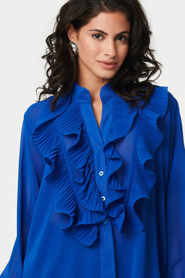 Blue | Ruffled Long Sleeve Semi Sheer Blouse