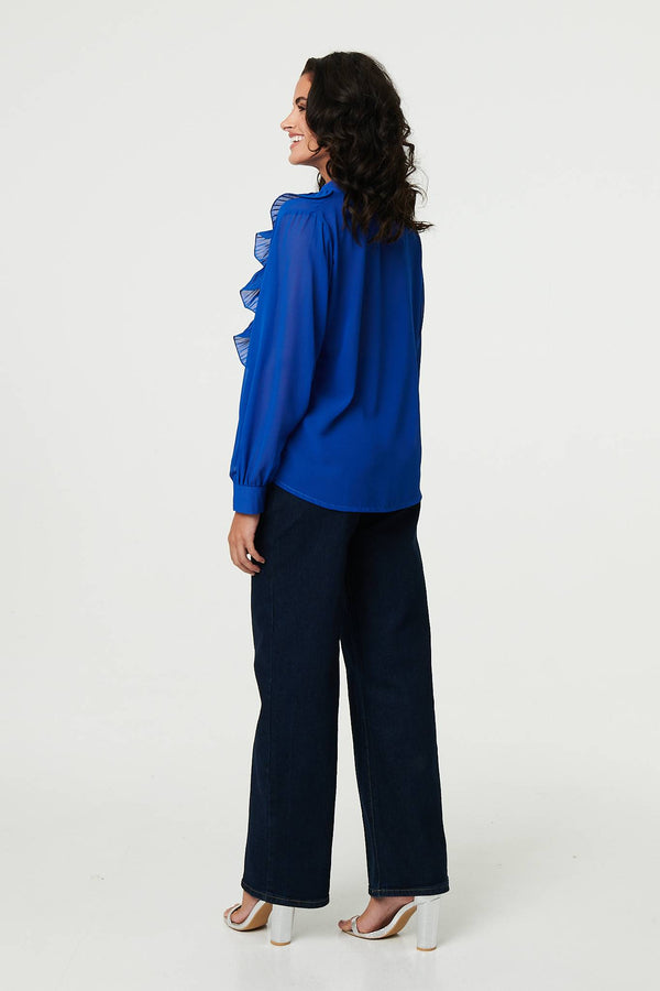 Blue | Ruffled Long Sleeve Semi Sheer Blouse
