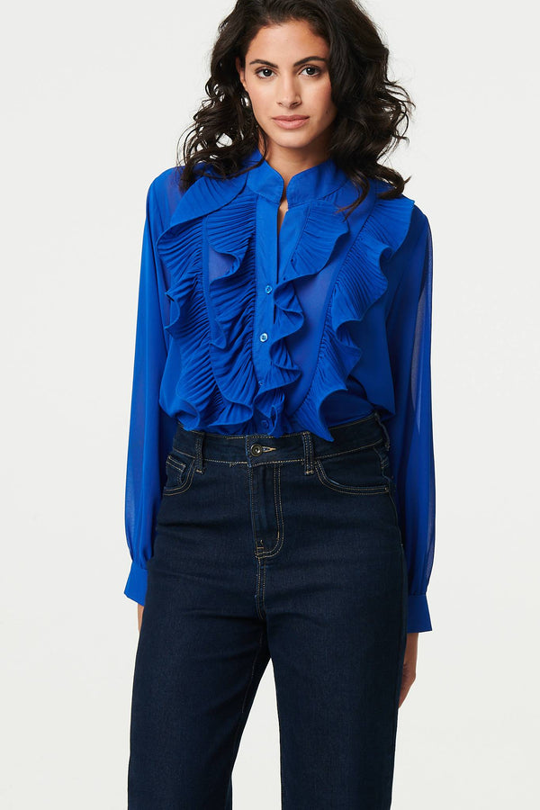 Blue | Ruffled Long Sleeve Semi Sheer Blouse