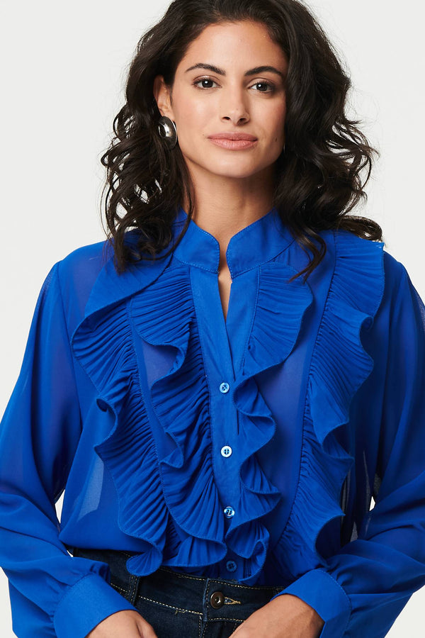 Blue | Ruffled Long Sleeve Semi Sheer Blouse