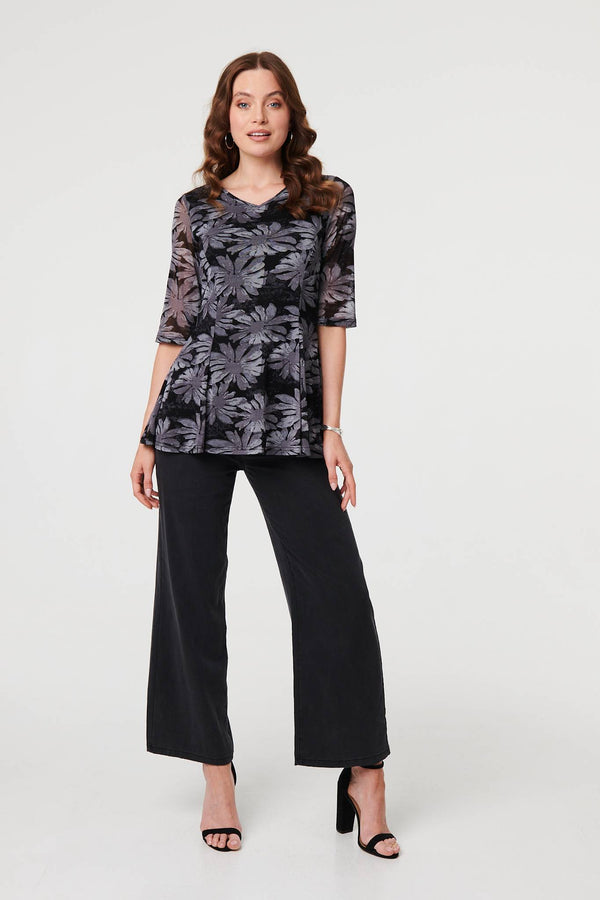 Black | Floral Relaxed Semi Sheer Peplum Blouse