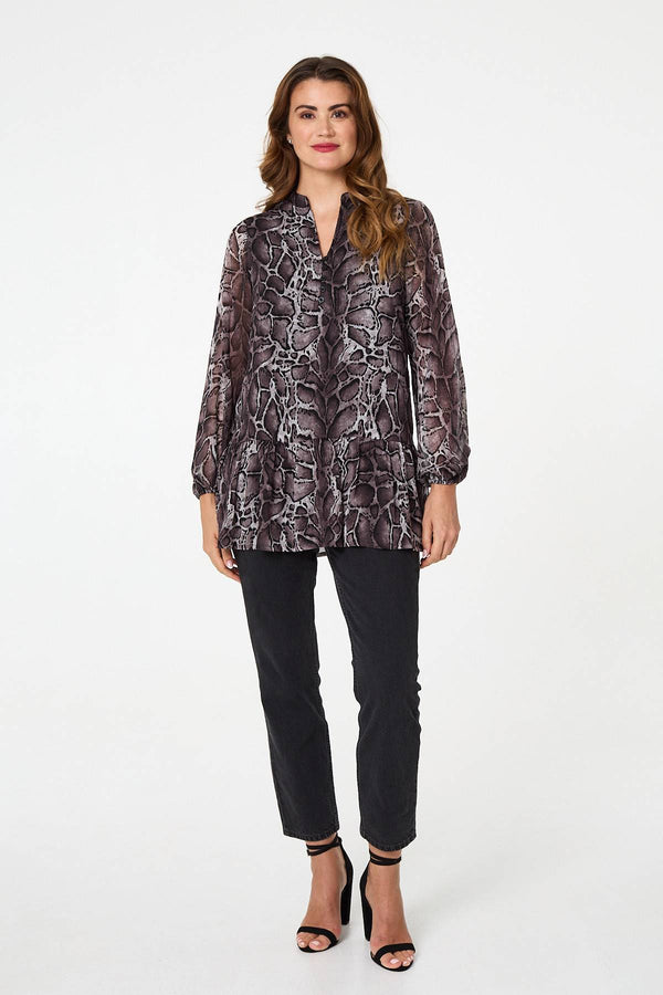 Black | Printed Long Sleeve Frilled Tunic Shirt