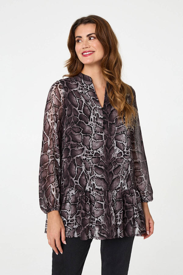 Black | Printed Long Sleeve Frilled Tunic Shirt