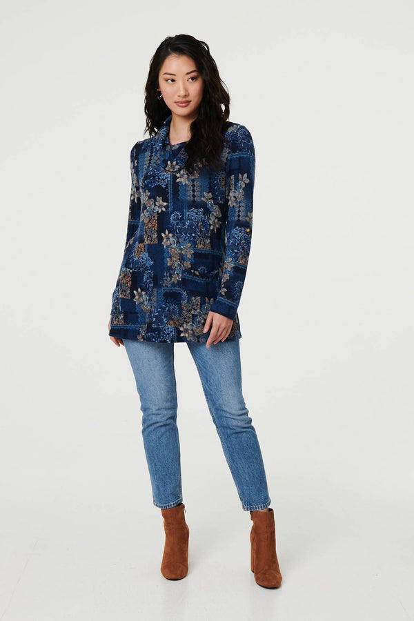 Blue | Printed Cowl Neck Long Sleeve Tunic Top