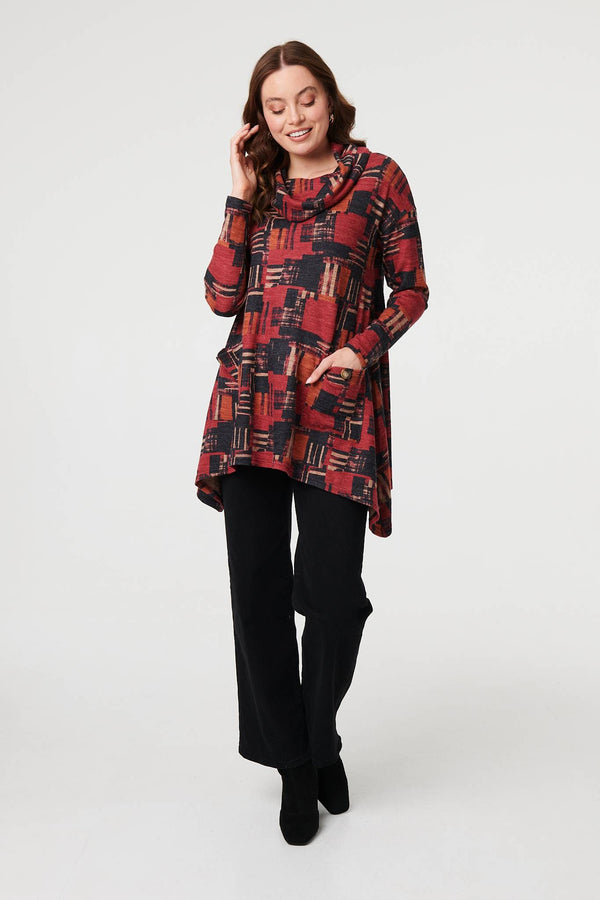 Red | Printed Long Sleeve Cowl Neck Tunic Top
