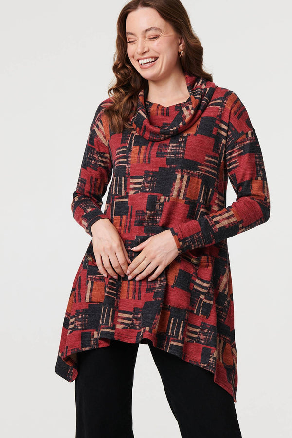 Red | Printed Long Sleeve Cowl Neck Tunic Top