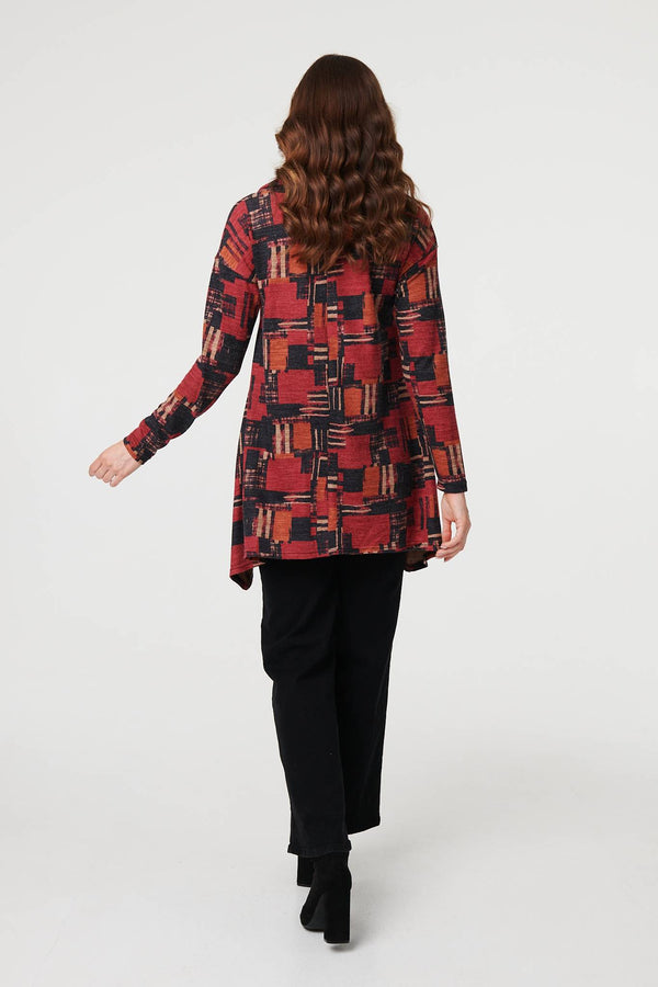 Red | Printed Long Sleeve Cowl Neck Tunic Top