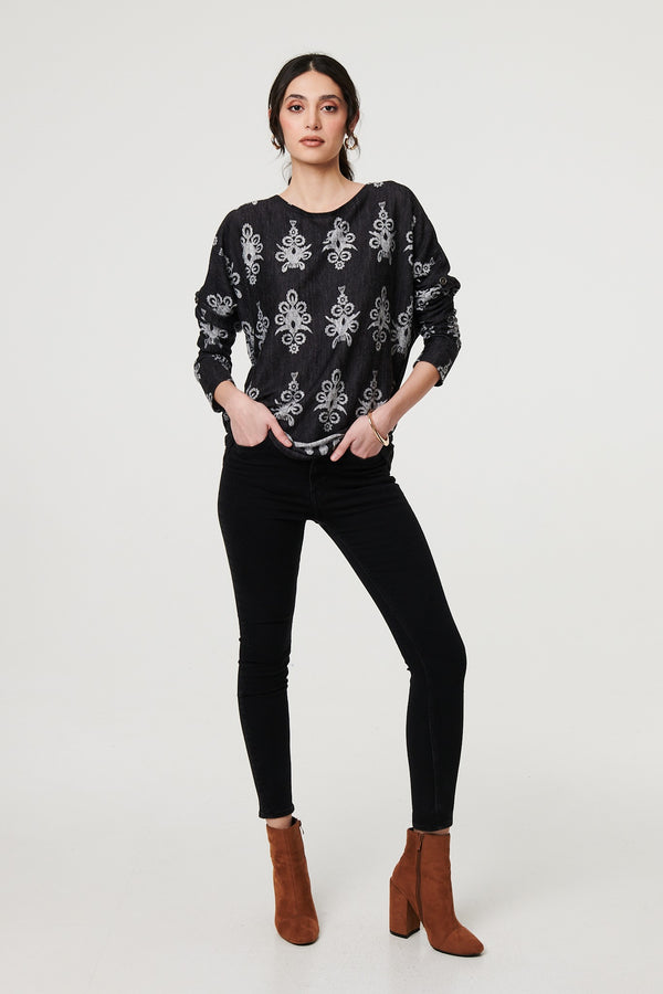 Black | Printed Long Sleeve Relaxed Top