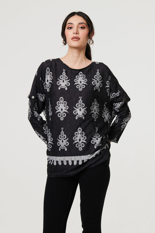 Black | Printed Long Sleeve Relaxed Top