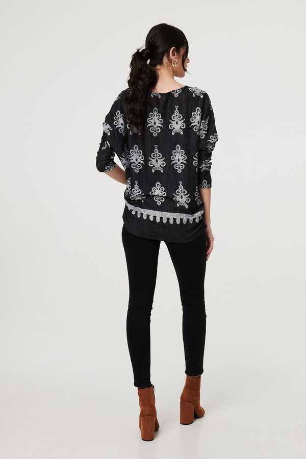 Black | Printed Long Sleeve Relaxed Top