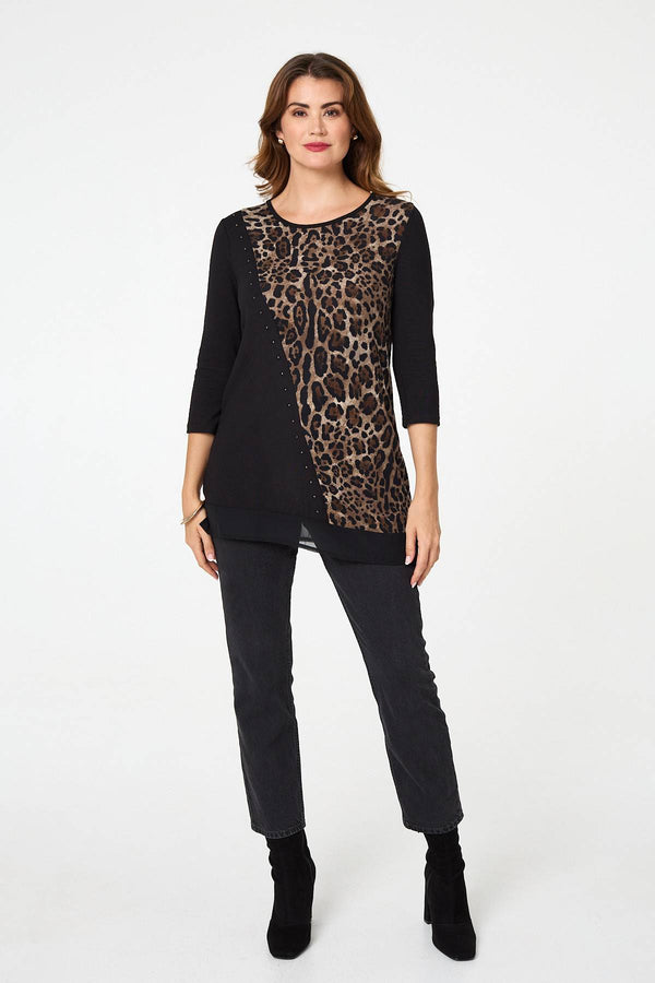 Black | Animal Print Asymmetric Tunic Top