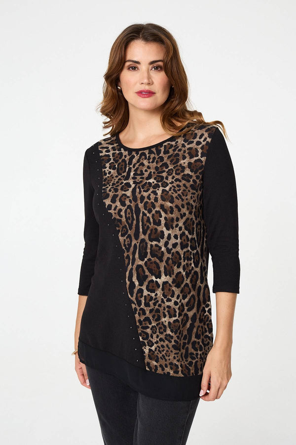 Black | Animal Print Asymmetric Tunic Top