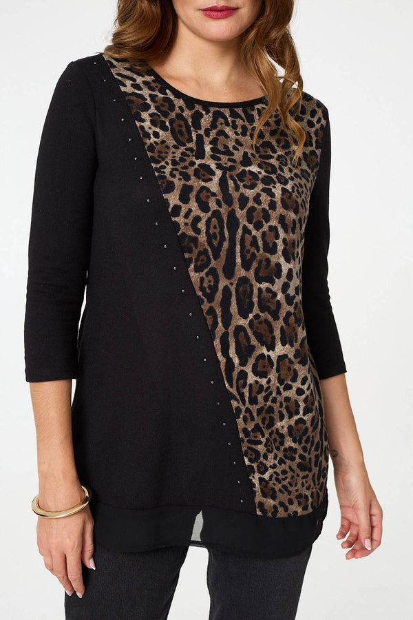 Black | Animal Print Asymmetric Tunic Top