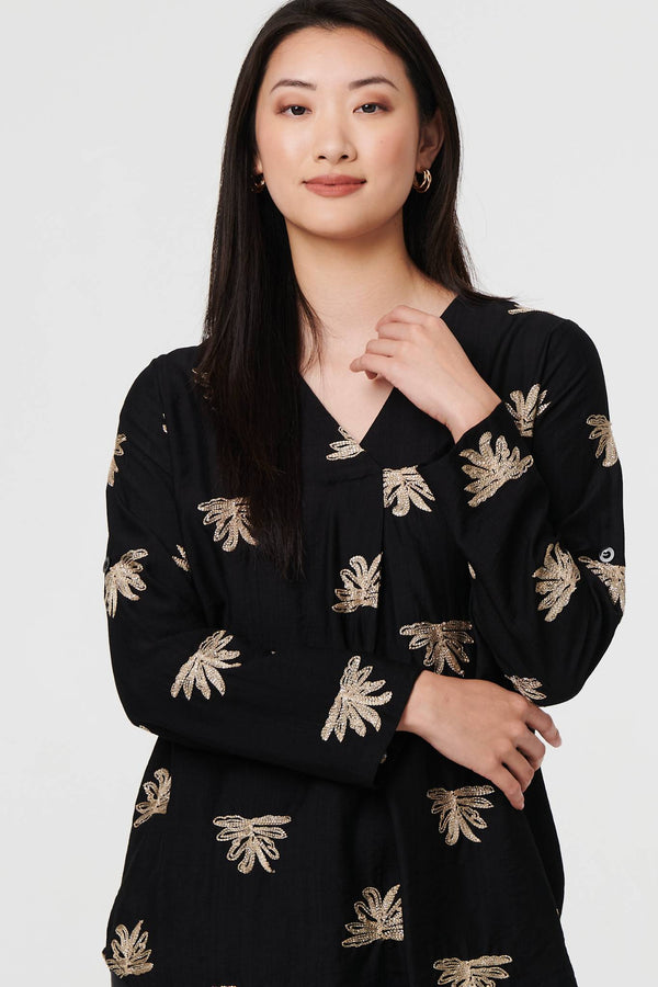 Black | Embroidered Pleat 3/4 Sleeve Blouse