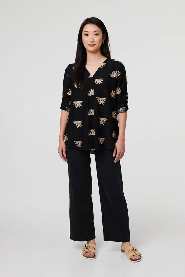 Black | Embroidered Pleat 3/4 Sleeve Blouse