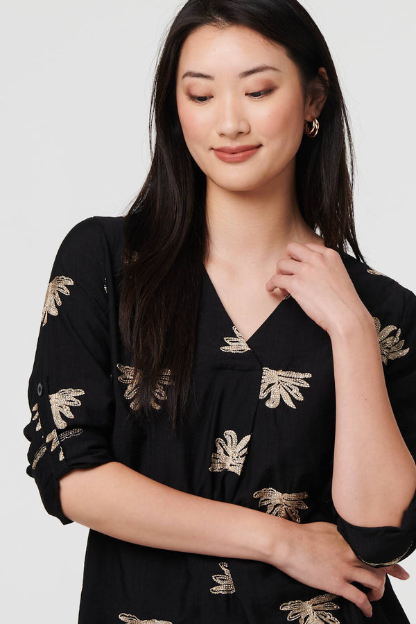 Black | Embroidered Pleat 3/4 Sleeve Blouse
