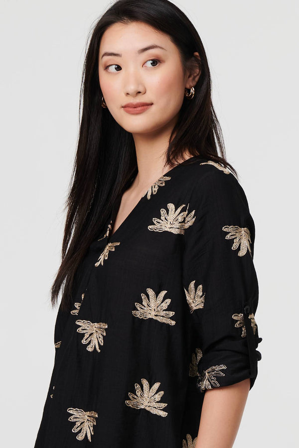 Black | Embroidered Pleat 3/4 Sleeve Blouse