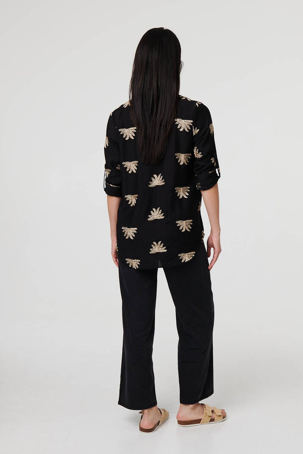 Black | Embroidered Pleat 3/4 Sleeve Blouse