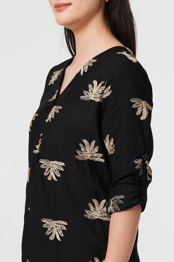 Black | Embroidered Pleat 3/4 Sleeve Blouse
